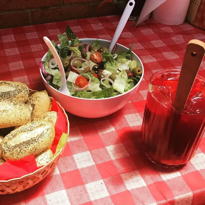 Salad and bread, table detail