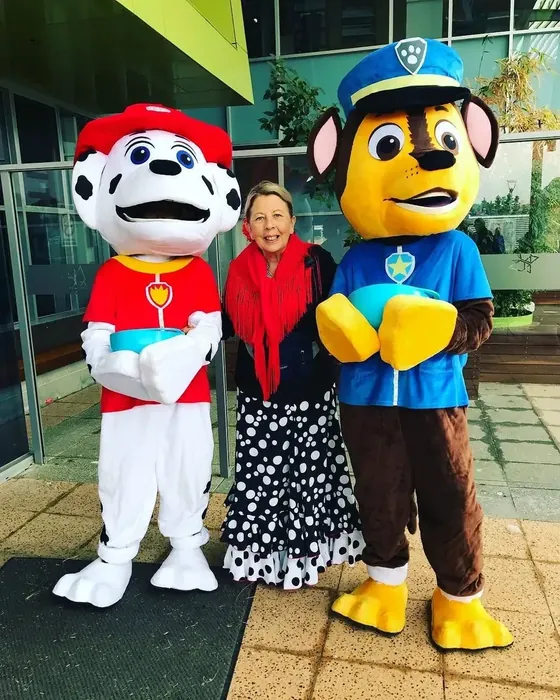 Elena with family-friendly festival mascots